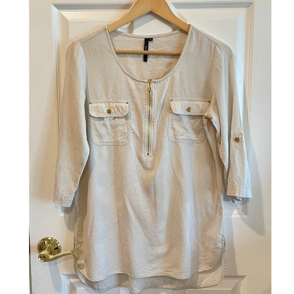 Cathy Cream Linen Blend Tunic Top with Gold Zipper Roll Tab Sleeves Blouse Sz S